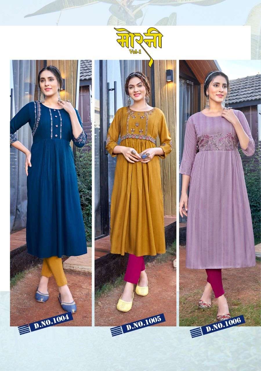 Morni Vol-1 By Koodee 1001 To 1006 Series Designer Stylish Fancy Colorful Beautiful Party Wear & Ethnic Wear Collection Rayon Embroidered Kurtis At Wholesale Price