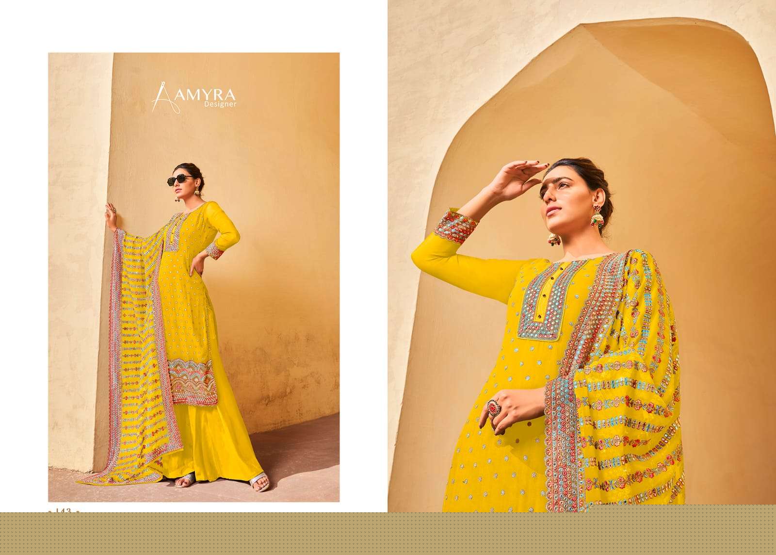 Aaina Vol-10 By Amyra Designer 142 To 145 Series Sharara Suits Beautiful Fancy Colorful Stylish Party Wear & Occasional Wear Heavy Georgette Dresses At Wholesale Price