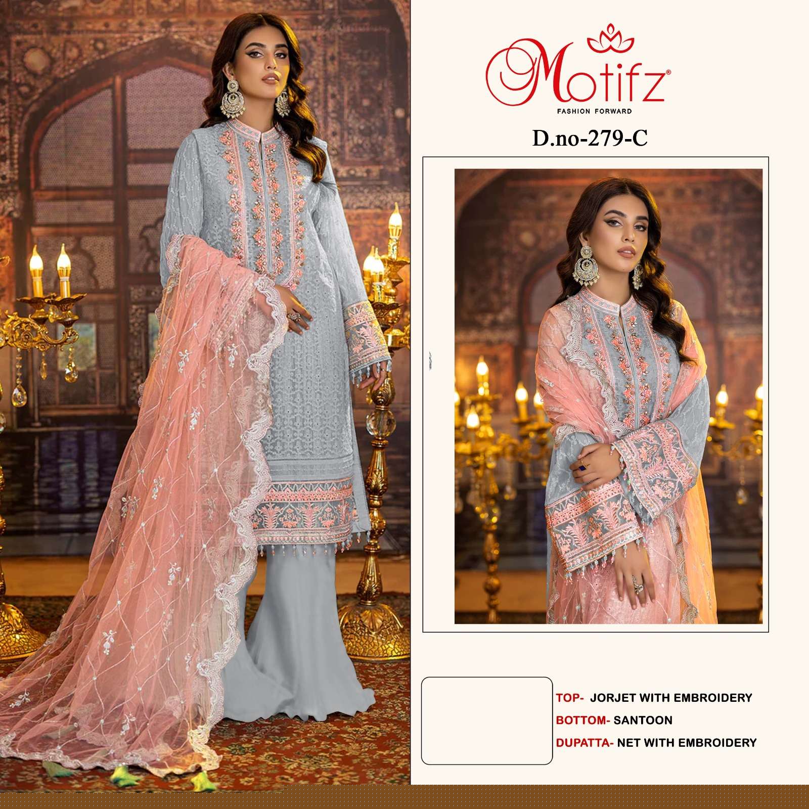 MOTIFZ HIT DESIGN 279 COLOURS BY MOTIFZ 279-A TO 279-D SERIES DESIGNER PAKISTANI SUITS BEAUTIFUL FANCY COLORFUL STYLISH PARTY WEAR & OCCASIONAL WEAR GEORGETTE WITH EMBROIDERY DRESSES AT WHOLESALE PRICE