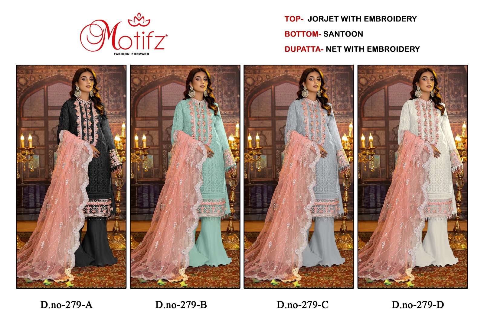 MOTIFZ HIT DESIGN 279 COLOURS BY MOTIFZ 279-A TO 279-D SERIES DESIGNER PAKISTANI SUITS BEAUTIFUL FANCY COLORFUL STYLISH PARTY WEAR & OCCASIONAL WEAR GEORGETTE WITH EMBROIDERY DRESSES AT WHOLESALE PRICE