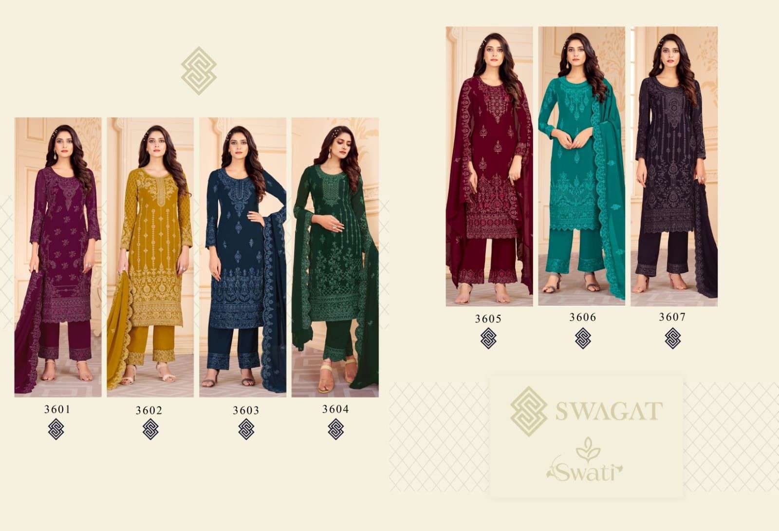 Swati 3601 Series By Swagat 3601 To 3607 Series Beautiful Stylish Suits Fancy Colorful Casual Wear & Ethnic Wear & Ready To Wear Faux Georgette Dresses At Wholesale Price
