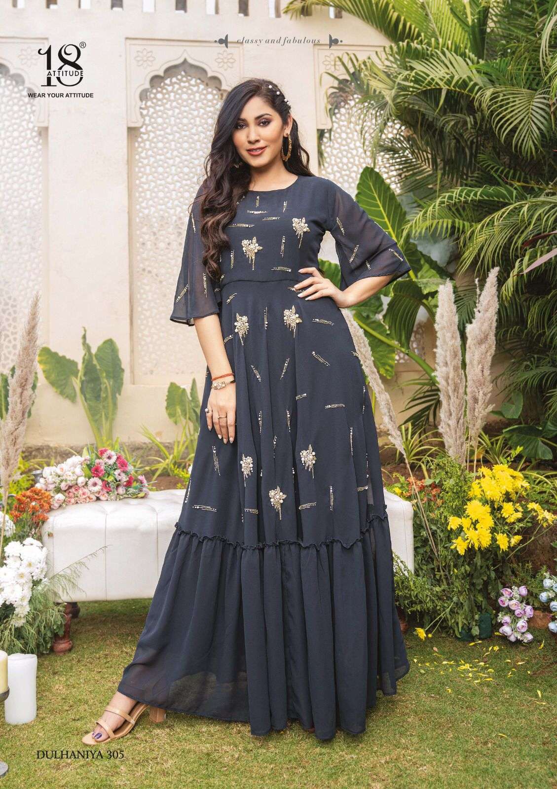 Dulhaniya Vol-3 By 18 Attitude 301 To 305 Series Beautiful Stylish Fancy Colorful Casual Wear & Ethnic Wear Bemberg Georgette Gowns At Wholesale Price