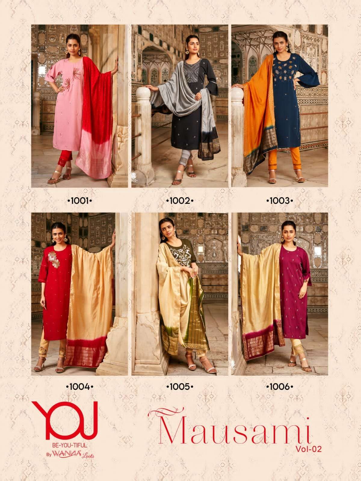 MAUSAMI VOL-2 BY YOU 1001 TO 1006 SERIES BEAUTIFUL STYLISH SUITS FANCY COLORFUL CASUAL WEAR & ETHNIC WEAR & READY TO WEAR RAYON VISCOSE DRESSES AT WHOLESALE PRICE