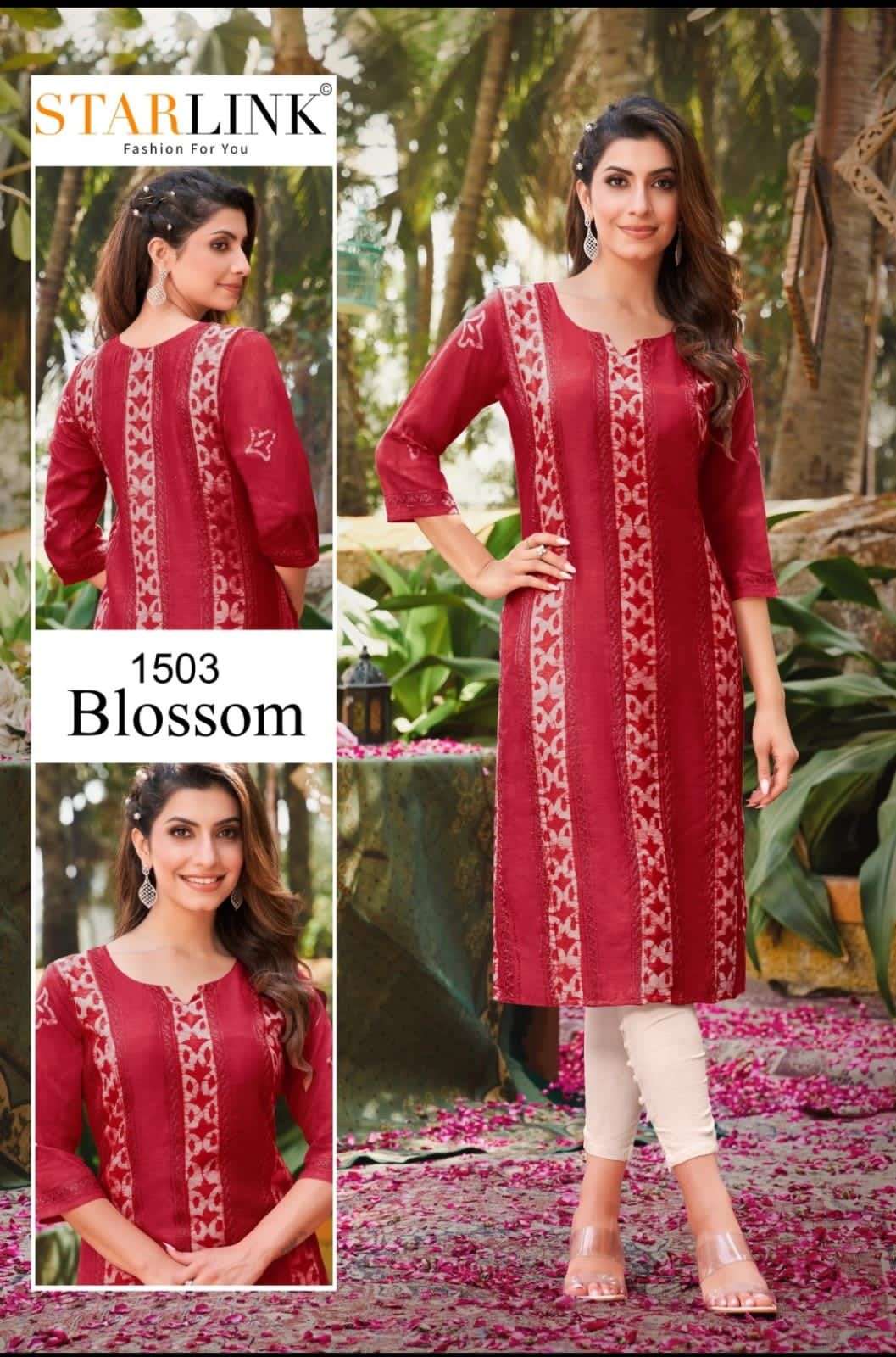 BLOSSOM BY STARLINK 1501 TO 1512 SERIES DESIGNER STYLISH FANCY COLORFUL BEAUTIFUL PARTY WEAR & ETHNIC WEAR COLLECTION CHANDERI EMBROIDERED KURTIS AT WHOLESALE PRICE