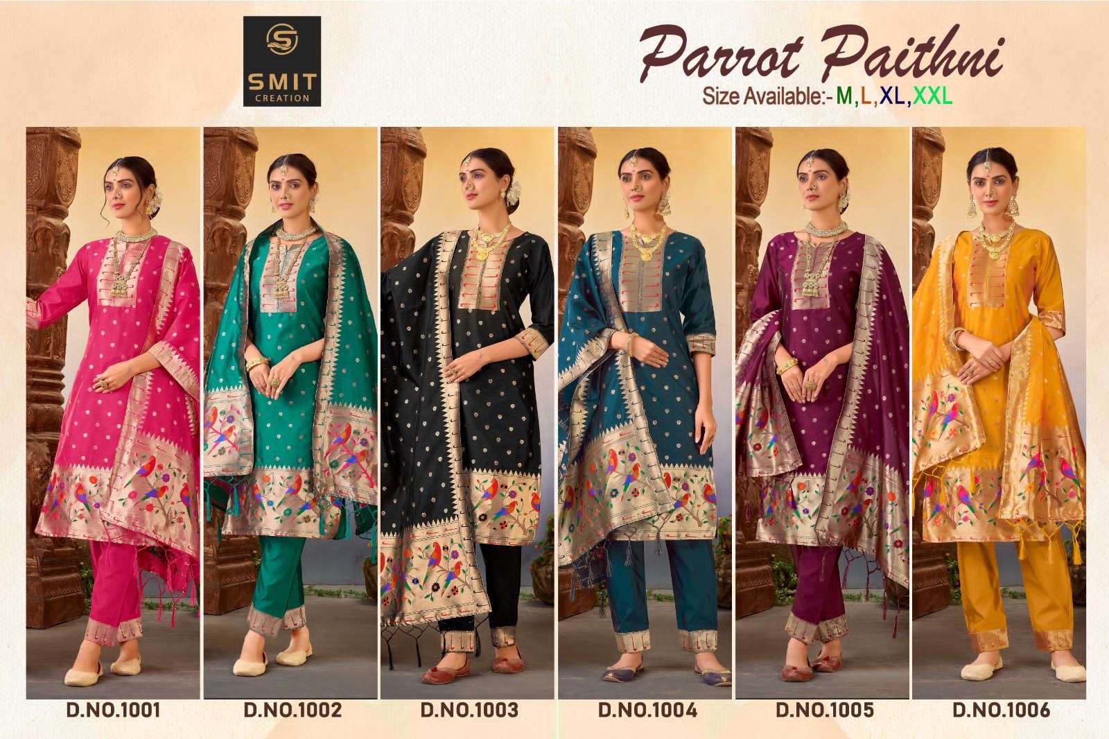 Parrot Paithni By Smit Creation 1001 To 1006 Series Beautiful Stylish Suits Fancy Colorful Casual Wear & Ethnic Wear & Ready To Wear Pure Tapeta Silk Printed Dresses At Wholesale Price
