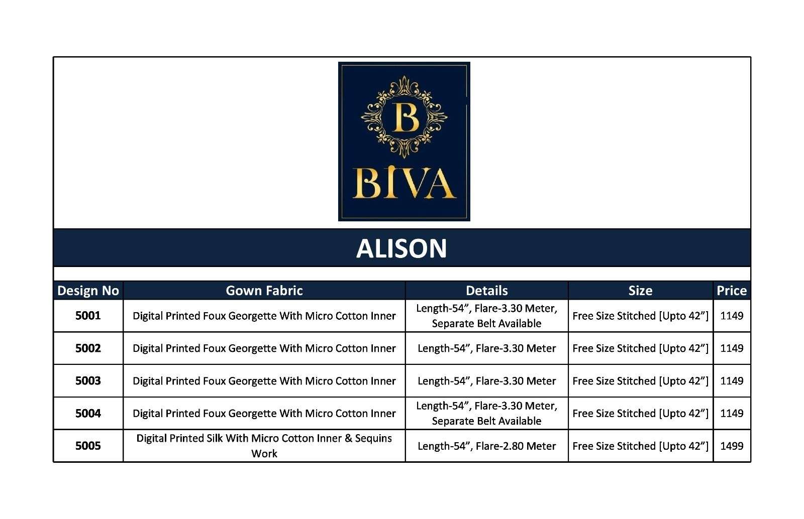 Alison By Biva 5001 To 5005 Series Beautiful Stylish Fancy Colorful Casual Wear & Ethnic Wear Faux Georgette Gowns At Wholesale Price
