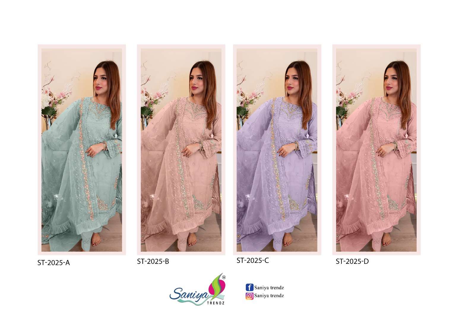 SANIYA TRENDZ 2025 COLOURS BY SANIYA TRENDZ 2025-A TO 2025-D SERIES PAKISTANI SUITS BEAUTIFUL FANCY COLORFUL STYLISH PARTY WEAR & OCCASIONAL WEAR PURE ORGANZA EMBROIDERY DRESSES AT WHOLESALE PRICE