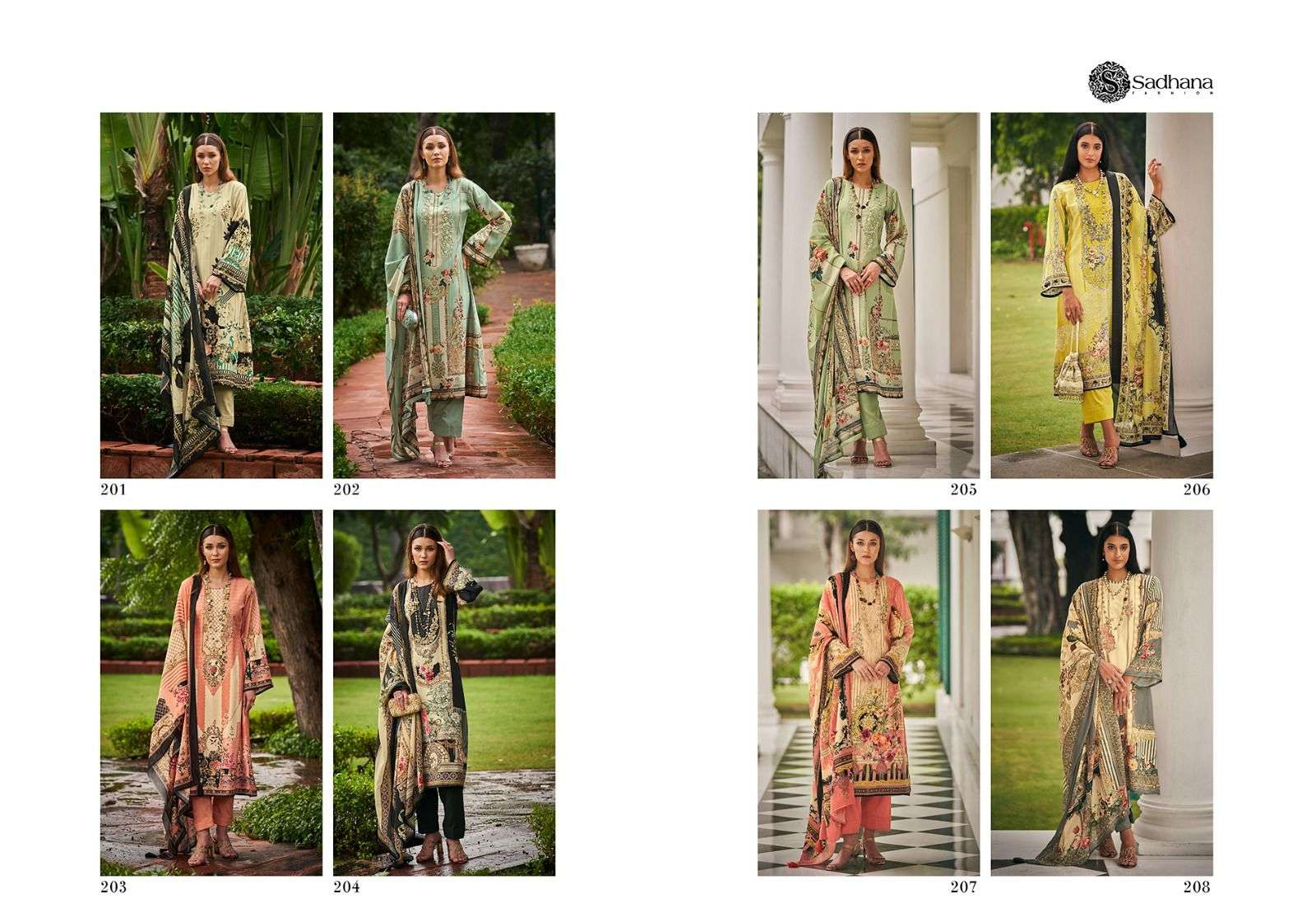 MEHTAB VOL-2 BY SADHANA FASHION 201 TO 208 SERIES BEAUTIFUL STYLISH FESTIVE SUITS FANCY COLORFUL CASUAL WEAR & ETHNIC WEAR & READY TO WEAR PURE JAM COTTON EMBROIDERY DRESSES AT WHOLESALE PRICE