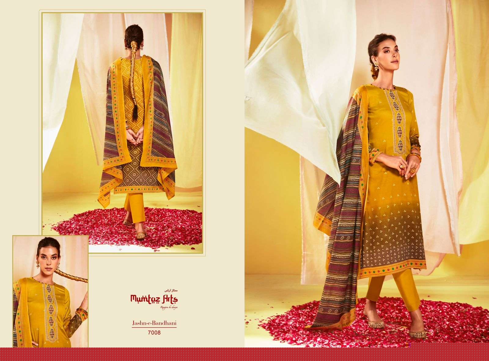 Jashn-E-Bandhani Vol-3 By Mumtaz Arts 7001 To 7008 Series Beautiful Stylish Festive Suits Fancy Colorful Casual Wear & Ethnic Wear & Ready To Wear Pure Jam Satin Embroidery Dresses At Wholesale Price