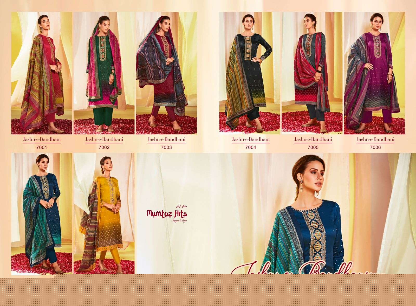 Jashn-E-Bandhani Vol-3 By Mumtaz Arts 7001 To 7008 Series Beautiful Stylish Festive Suits Fancy Colorful Casual Wear & Ethnic Wear & Ready To Wear Pure Jam Satin Embroidery Dresses At Wholesale Price