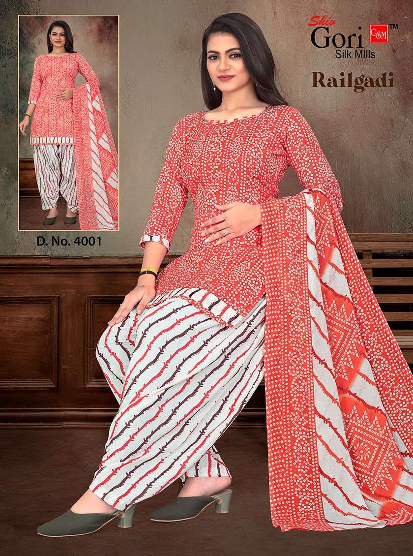 RAILGADI VOL-5 BY SHIV GORI SILK MILLS 4001 TO 4008 SERIES BEAUTIFUL STYLISH SUITS FANCY COLORFUL CASUAL WEAR & ETHNIC WEAR & READY TO WEAR HEAVY COTTON EMBROIDERY DRESSES AT WHOLESALE PRICE