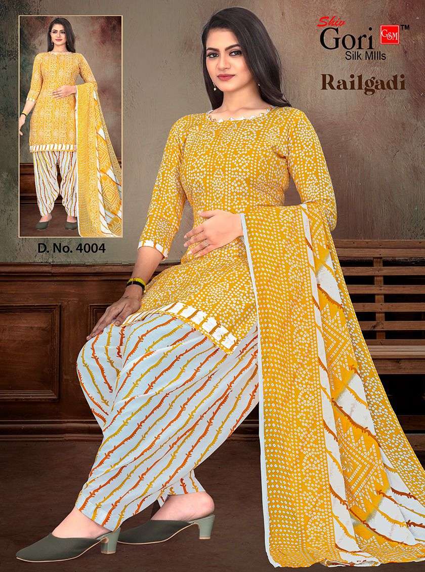 RAILGADI VOL-5 BY SHIV GORI SILK MILLS 4001 TO 4008 SERIES BEAUTIFUL STYLISH SUITS FANCY COLORFUL CASUAL WEAR & ETHNIC WEAR & READY TO WEAR HEAVY COTTON EMBROIDERY DRESSES AT WHOLESALE PRICE