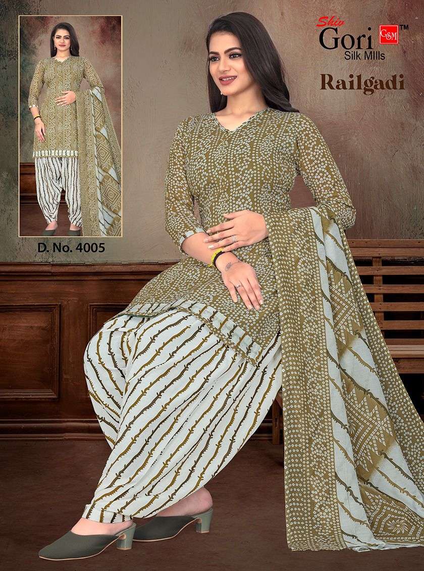 RAILGADI VOL-5 BY SHIV GORI SILK MILLS 4001 TO 4008 SERIES BEAUTIFUL STYLISH SUITS FANCY COLORFUL CASUAL WEAR & ETHNIC WEAR & READY TO WEAR HEAVY COTTON EMBROIDERY DRESSES AT WHOLESALE PRICE