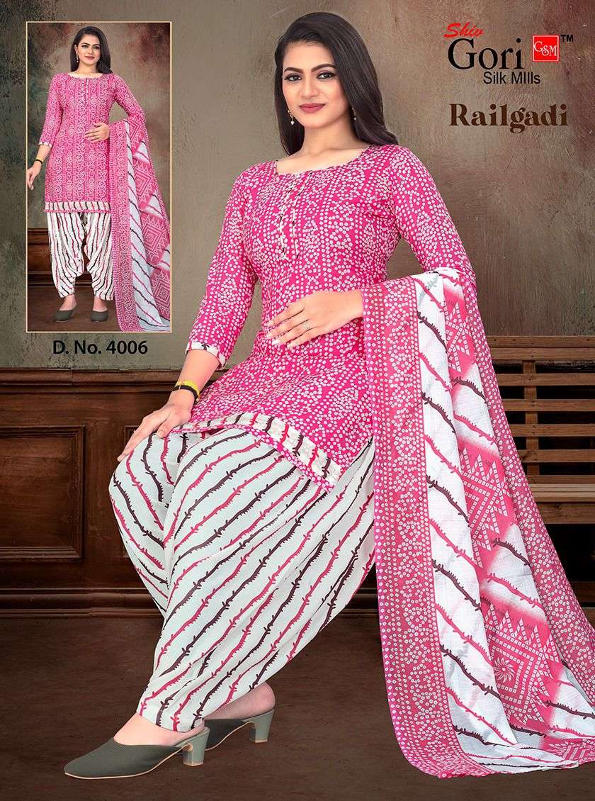 RAILGADI VOL-5 BY SHIV GORI SILK MILLS 4001 TO 4008 SERIES BEAUTIFUL STYLISH SUITS FANCY COLORFUL CASUAL WEAR & ETHNIC WEAR & READY TO WEAR HEAVY COTTON EMBROIDERY DRESSES AT WHOLESALE PRICE