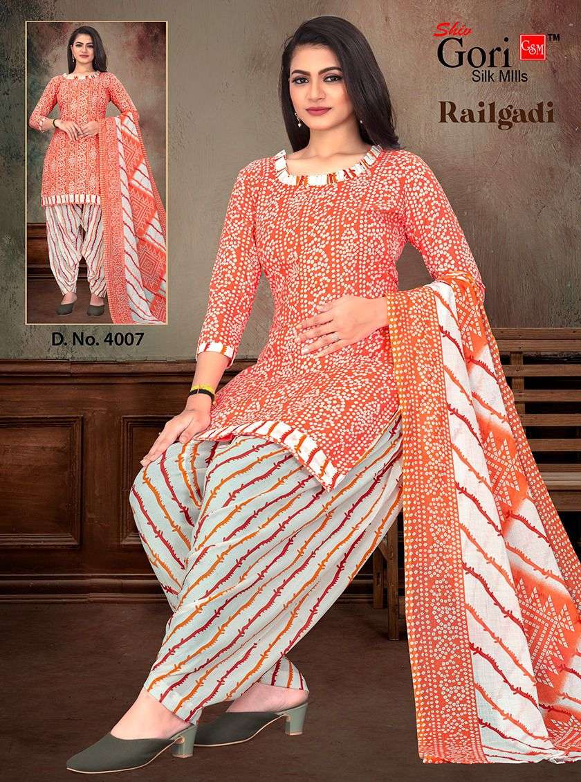 RAILGADI VOL-5 BY SHIV GORI SILK MILLS 4001 TO 4008 SERIES BEAUTIFUL STYLISH SUITS FANCY COLORFUL CASUAL WEAR & ETHNIC WEAR & READY TO WEAR HEAVY COTTON EMBROIDERY DRESSES AT WHOLESALE PRICE