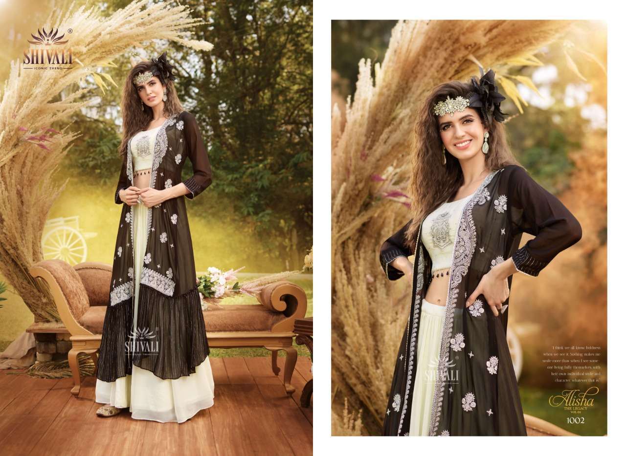 ALISHA THE LEGACY VOL-4 BY SHIVALI 1001 TO 1006 SERIES BEAUTIFUL STYLISH FANCY COLORFUL CASUAL WEAR & ETHNIC WEAR FANCY TOPS WITH BOTTOM AT WHOLESALE PRICE