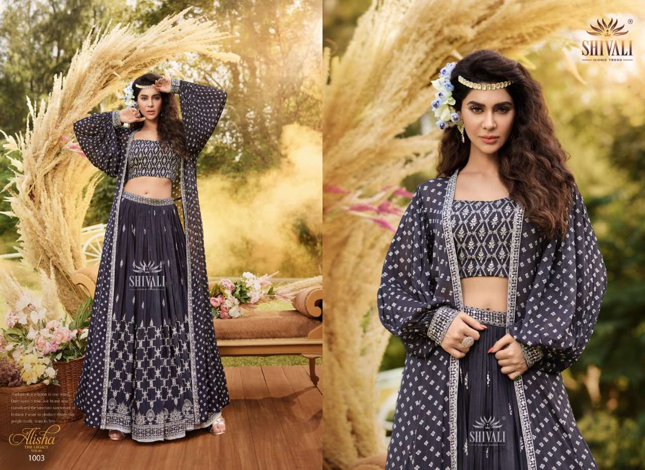 ALISHA THE LEGACY VOL-4 BY SHIVALI 1001 TO 1006 SERIES BEAUTIFUL STYLISH FANCY COLORFUL CASUAL WEAR & ETHNIC WEAR FANCY TOPS WITH BOTTOM AT WHOLESALE PRICE