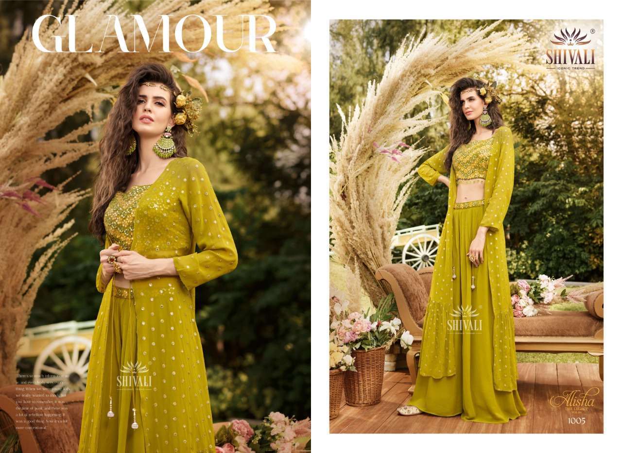 ALISHA THE LEGACY VOL-4 BY SHIVALI 1001 TO 1006 SERIES BEAUTIFUL STYLISH FANCY COLORFUL CASUAL WEAR & ETHNIC WEAR FANCY TOPS WITH BOTTOM AT WHOLESALE PRICE