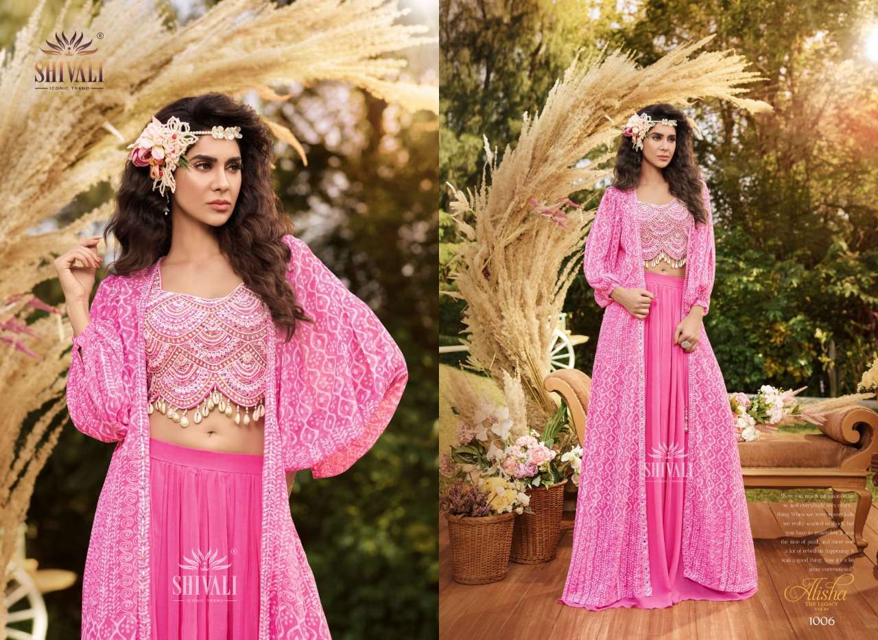 ALISHA THE LEGACY VOL-4 BY SHIVALI 1001 TO 1006 SERIES BEAUTIFUL STYLISH FANCY COLORFUL CASUAL WEAR & ETHNIC WEAR FANCY TOPS WITH BOTTOM AT WHOLESALE PRICE