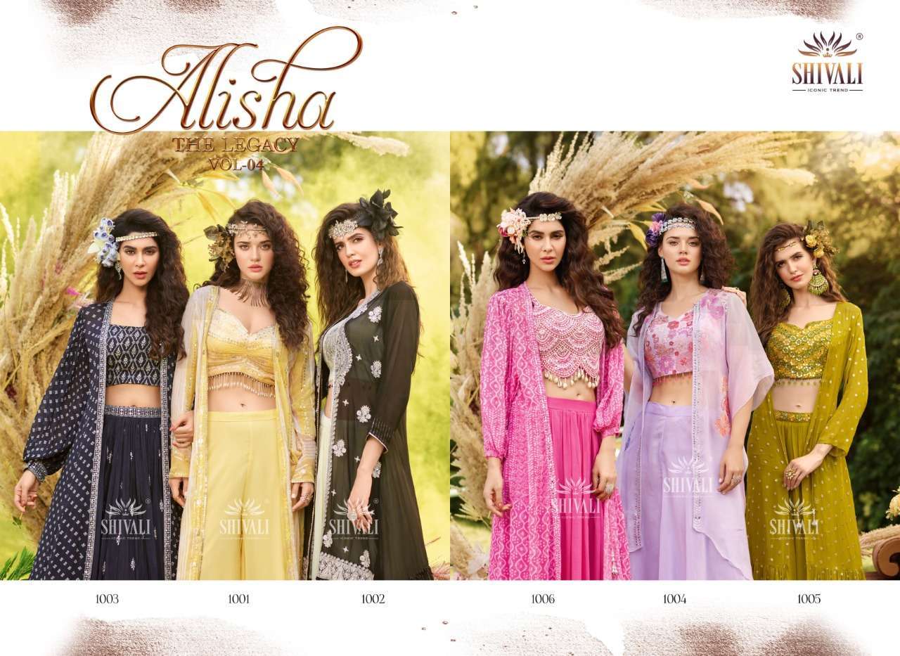 ALISHA THE LEGACY VOL-4 BY SHIVALI 1001 TO 1006 SERIES BEAUTIFUL STYLISH FANCY COLORFUL CASUAL WEAR & ETHNIC WEAR FANCY TOPS WITH BOTTOM AT WHOLESALE PRICE