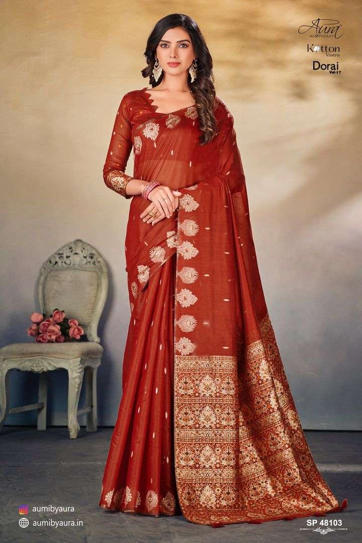 DORAI VOL-17 BY AURA 48101 TO 48106 SERIES INDIAN TRADITIONAL WEAR COLLECTION BEAUTIFUL STYLISH FANCY COLORFUL PARTY WEAR & OCCASIONAL WEAR COTTON SAREES AT WHOLESALE PRICE