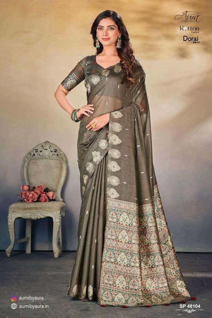 DORAI VOL-17 BY AURA 48101 TO 48106 SERIES INDIAN TRADITIONAL WEAR COLLECTION BEAUTIFUL STYLISH FANCY COLORFUL PARTY WEAR & OCCASIONAL WEAR COTTON SAREES AT WHOLESALE PRICE