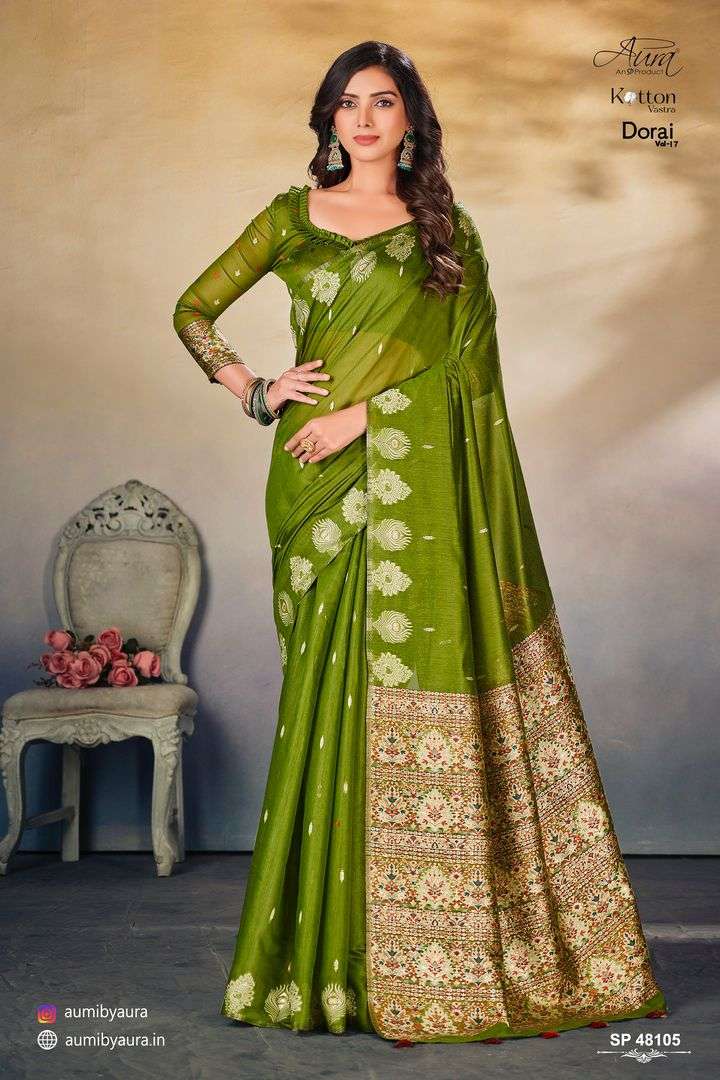 DORAI VOL-17 BY AURA 48101 TO 48106 SERIES INDIAN TRADITIONAL WEAR COLLECTION BEAUTIFUL STYLISH FANCY COLORFUL PARTY WEAR & OCCASIONAL WEAR COTTON SAREES AT WHOLESALE PRICE