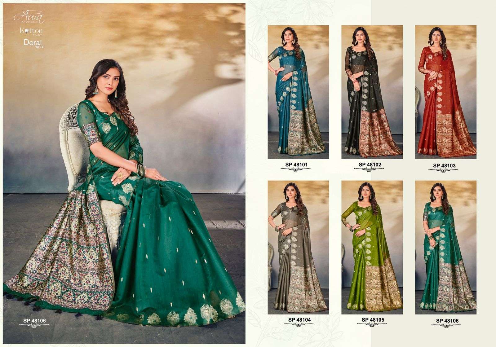 DORAI VOL-17 BY AURA 48101 TO 48106 SERIES INDIAN TRADITIONAL WEAR COLLECTION BEAUTIFUL STYLISH FANCY COLORFUL PARTY WEAR & OCCASIONAL WEAR COTTON SAREES AT WHOLESALE PRICE