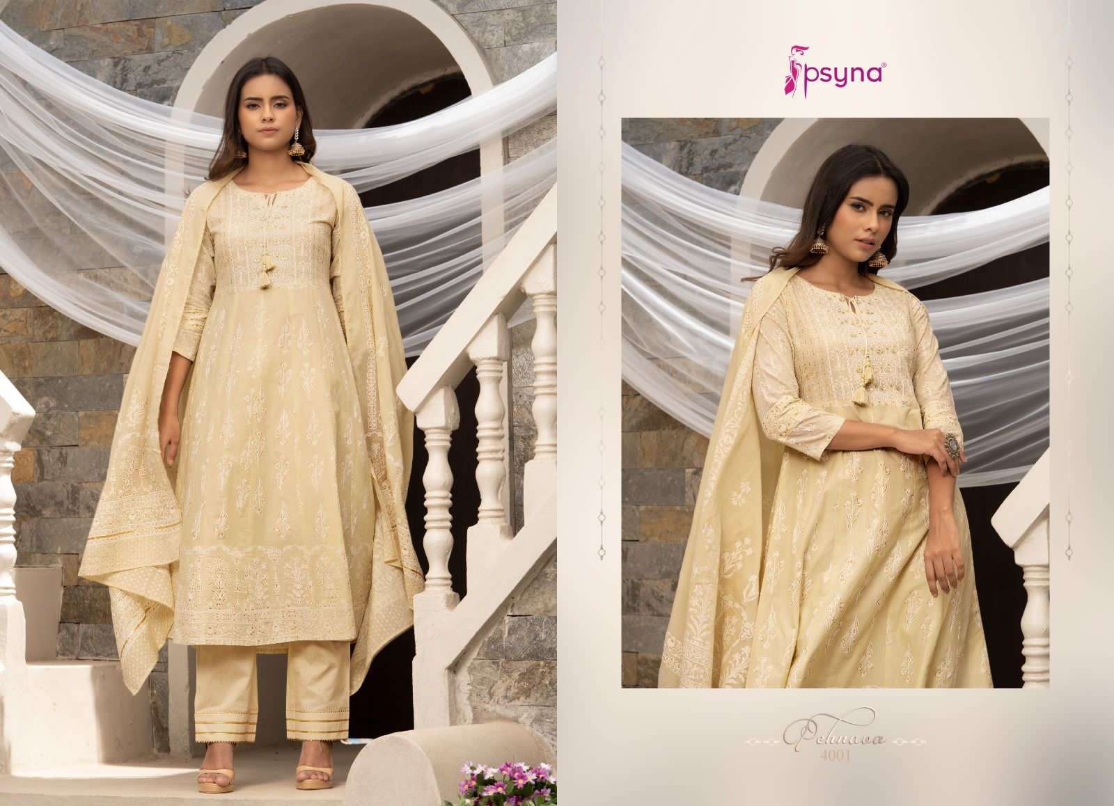 PEHNAVA NEW EDITION VOL-4 BY PSYNA 4001 TO 4006 SERIES BEAUTIFUL SUITS STYLISH FANCY COLORFUL CASUAL WEAR & ETHNIC WEAR CAMBRIC COTTON DRESSES AT WHOLESALE PRICE