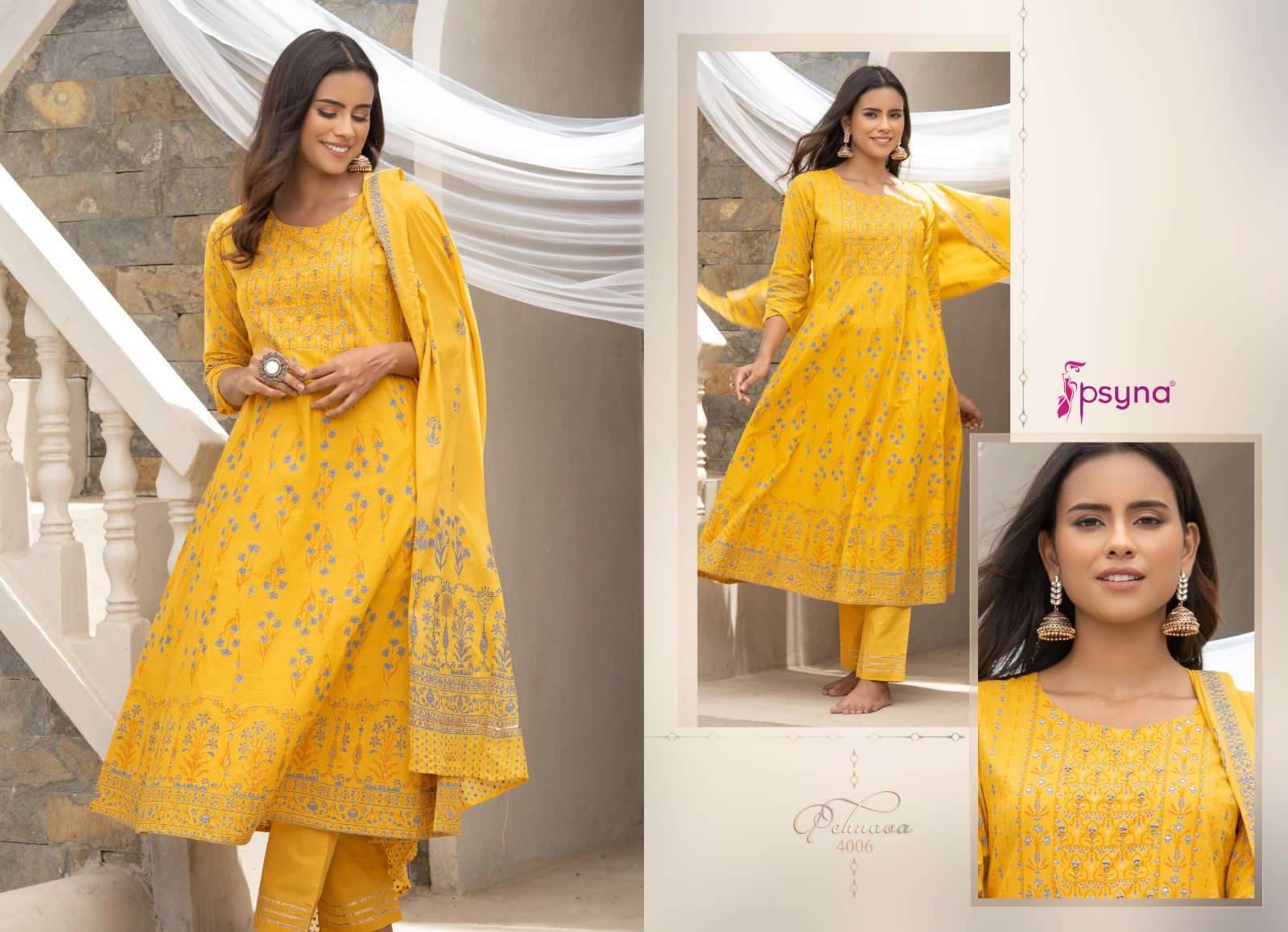 PEHNAVA NEW EDITION VOL-4 BY PSYNA 4001 TO 4006 SERIES BEAUTIFUL SUITS STYLISH FANCY COLORFUL CASUAL WEAR & ETHNIC WEAR CAMBRIC COTTON DRESSES AT WHOLESALE PRICE