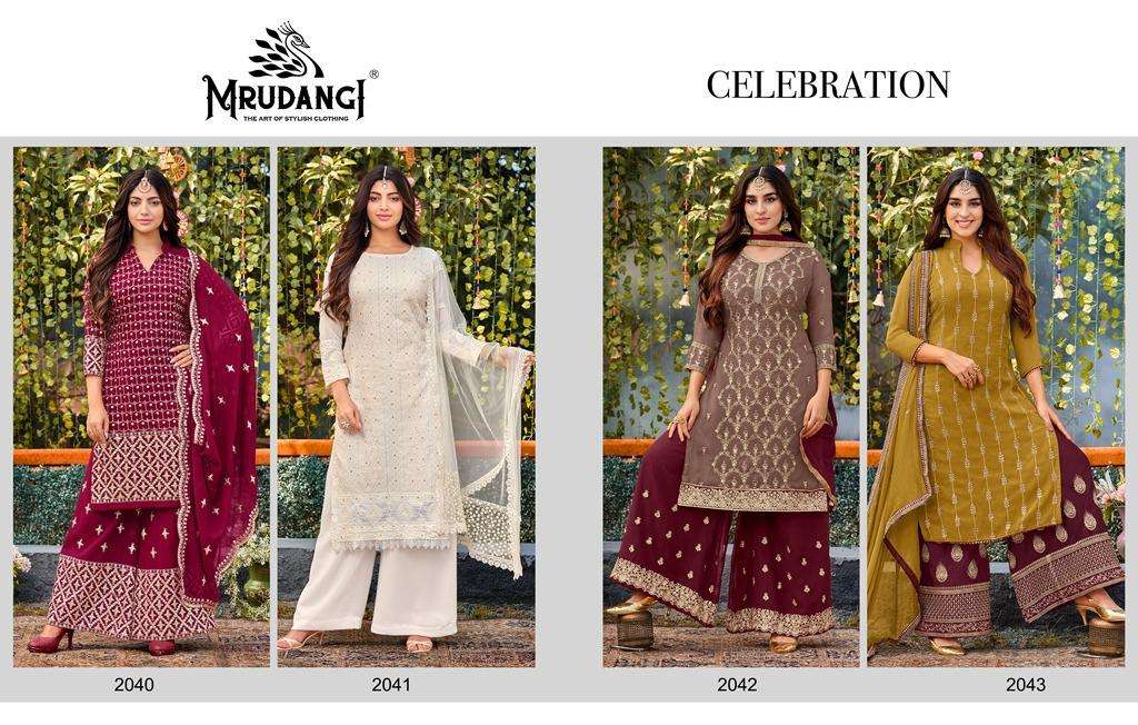 Celebration By Mrudangi 2040 To 2043 Series Beautiful Sharara Suits Colorful Stylish Fancy Casual Wear & Ethnic Wear Faux Georgette Dresses At Wholesale Price