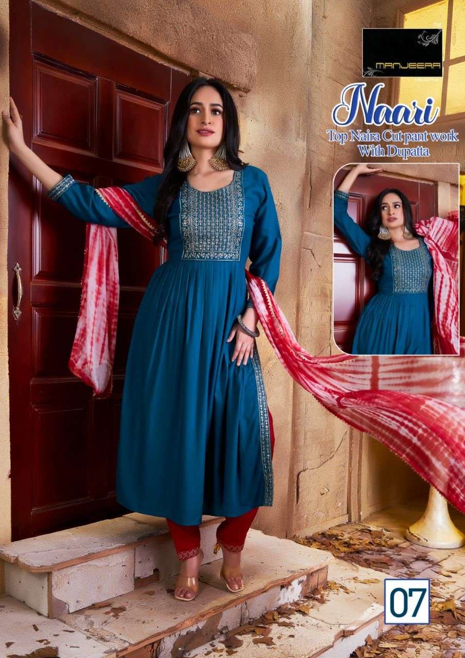 NAARI BY MANJEERA 01 TO 08 SERIES BEAUTIFUL SUITS COLORFUL STYLISH FANCY CASUAL WEAR & ETHNIC WEAR RAYON WITH WORK DRESSES AT WHOLESALE PRICE