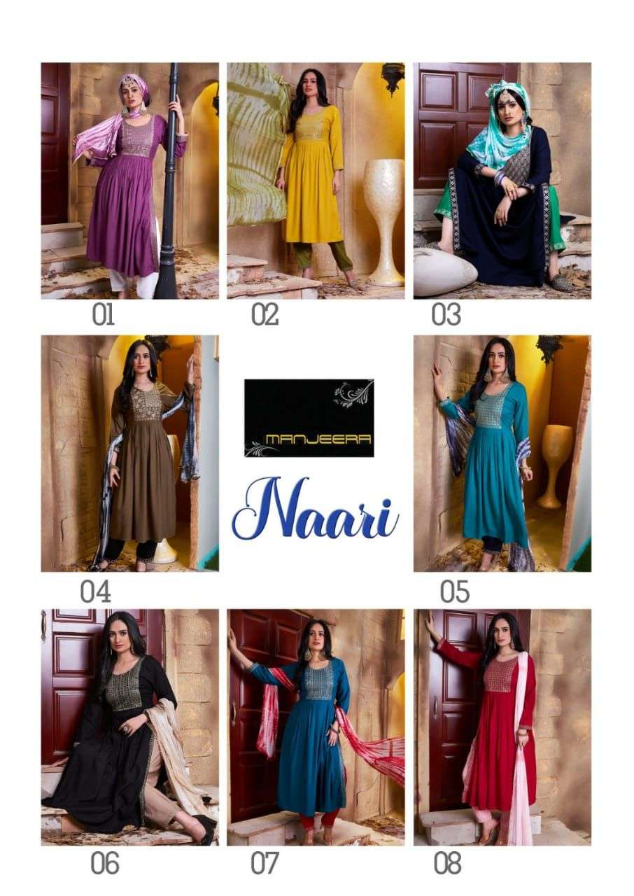 NAARI BY MANJEERA 01 TO 08 SERIES BEAUTIFUL SUITS COLORFUL STYLISH FANCY CASUAL WEAR & ETHNIC WEAR RAYON WITH WORK DRESSES AT WHOLESALE PRICE