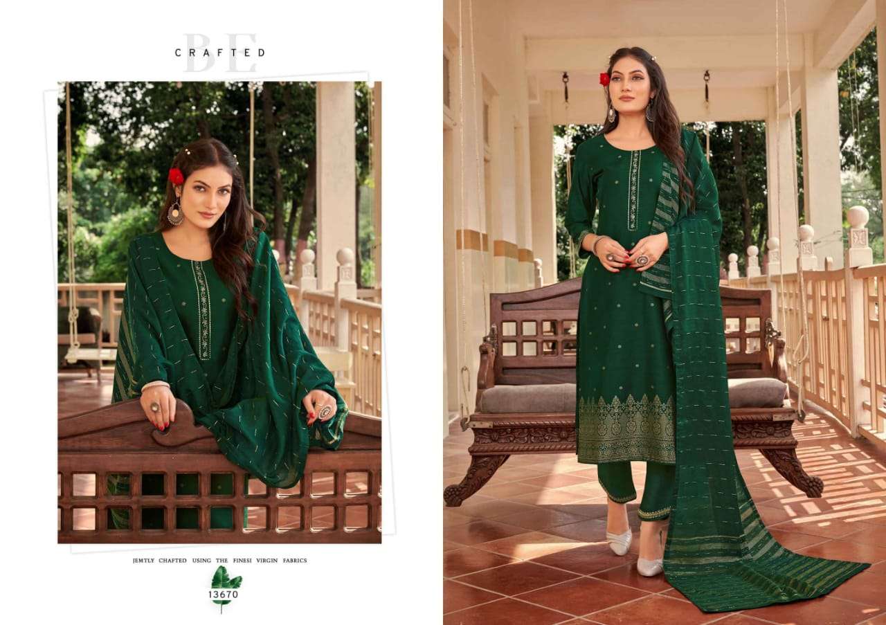 EMPIRE BY KALAROOP 13670 TO 13675 SERIES BEAUTIFUL SUITS COLORFUL STYLISH FANCY CASUAL WEAR & ETHNIC WEAR PURE JACQUARD WITH WORK DRESSES AT WHOLESALE PRICE