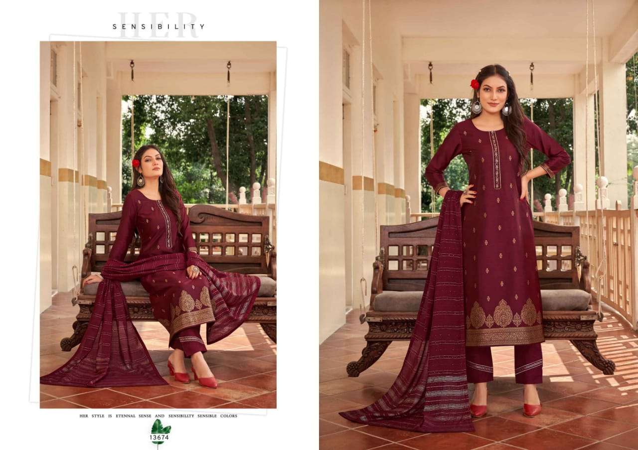 EMPIRE BY KALAROOP 13670 TO 13675 SERIES BEAUTIFUL SUITS COLORFUL STYLISH FANCY CASUAL WEAR & ETHNIC WEAR PURE JACQUARD WITH WORK DRESSES AT WHOLESALE PRICE