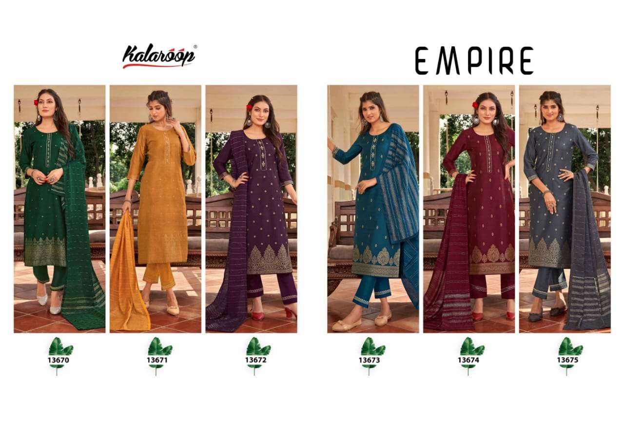 EMPIRE BY KALAROOP 13670 TO 13675 SERIES BEAUTIFUL SUITS COLORFUL STYLISH FANCY CASUAL WEAR & ETHNIC WEAR PURE JACQUARD WITH WORK DRESSES AT WHOLESALE PRICE