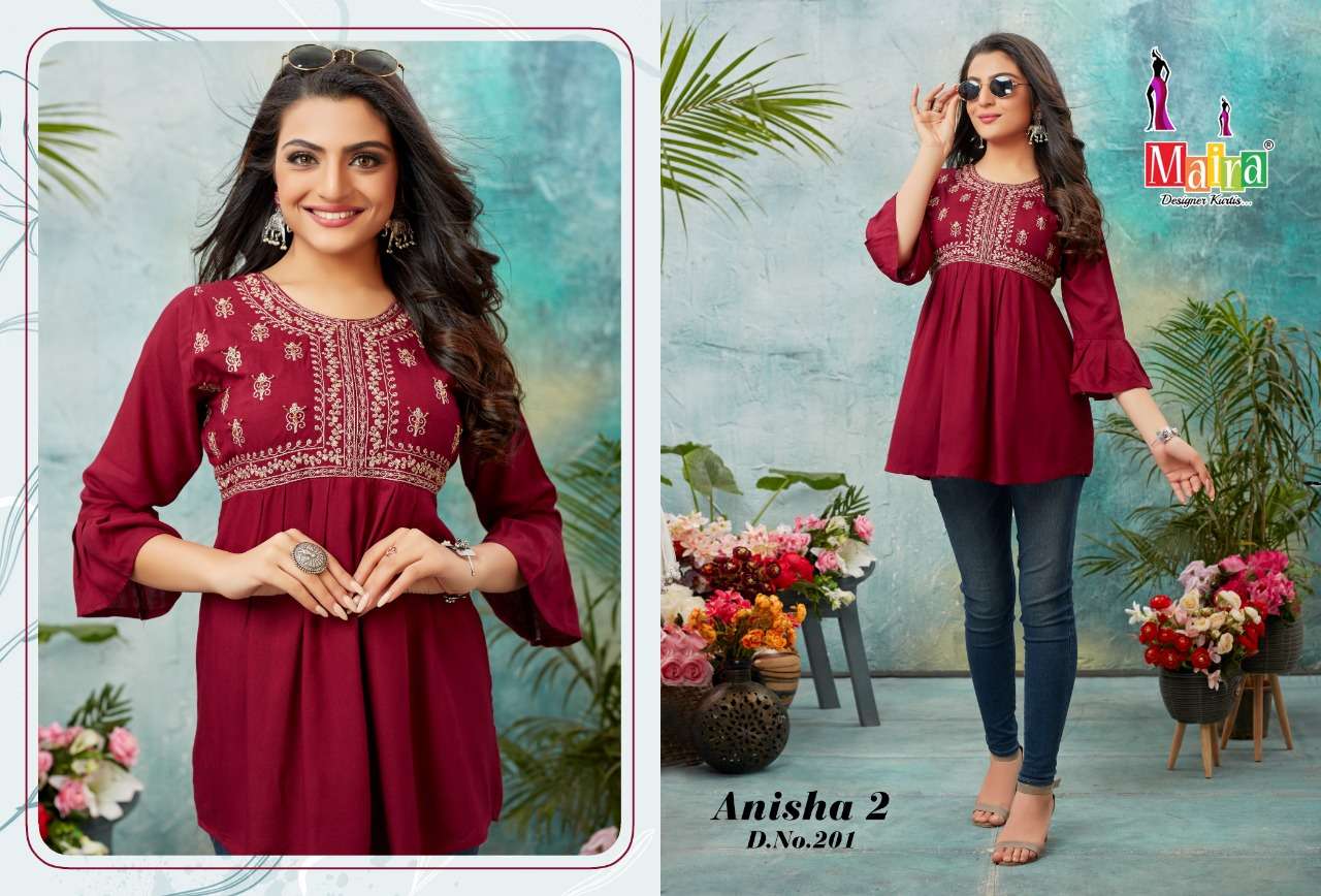 ANISHA VOL-2 BY MAIRA 201 TO 208 SERIES BEAUTIFUL STYLISH FANCY COLORFUL CASUAL WEAR & ETHNIC WEAR RAYON TOPS AT WHOLESALE PRICE