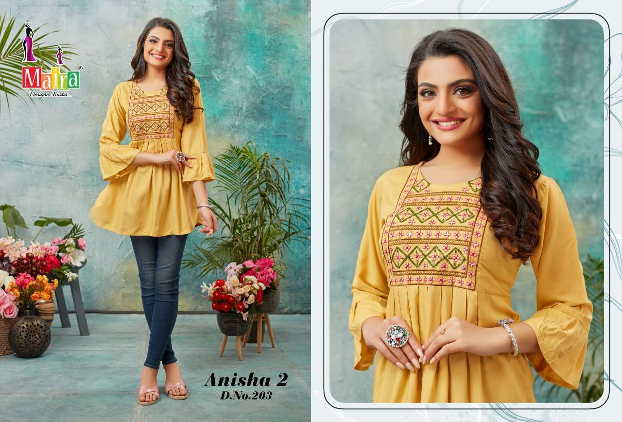ANISHA VOL-2 BY MAIRA 201 TO 208 SERIES BEAUTIFUL STYLISH FANCY COLORFUL CASUAL WEAR & ETHNIC WEAR RAYON TOPS AT WHOLESALE PRICE