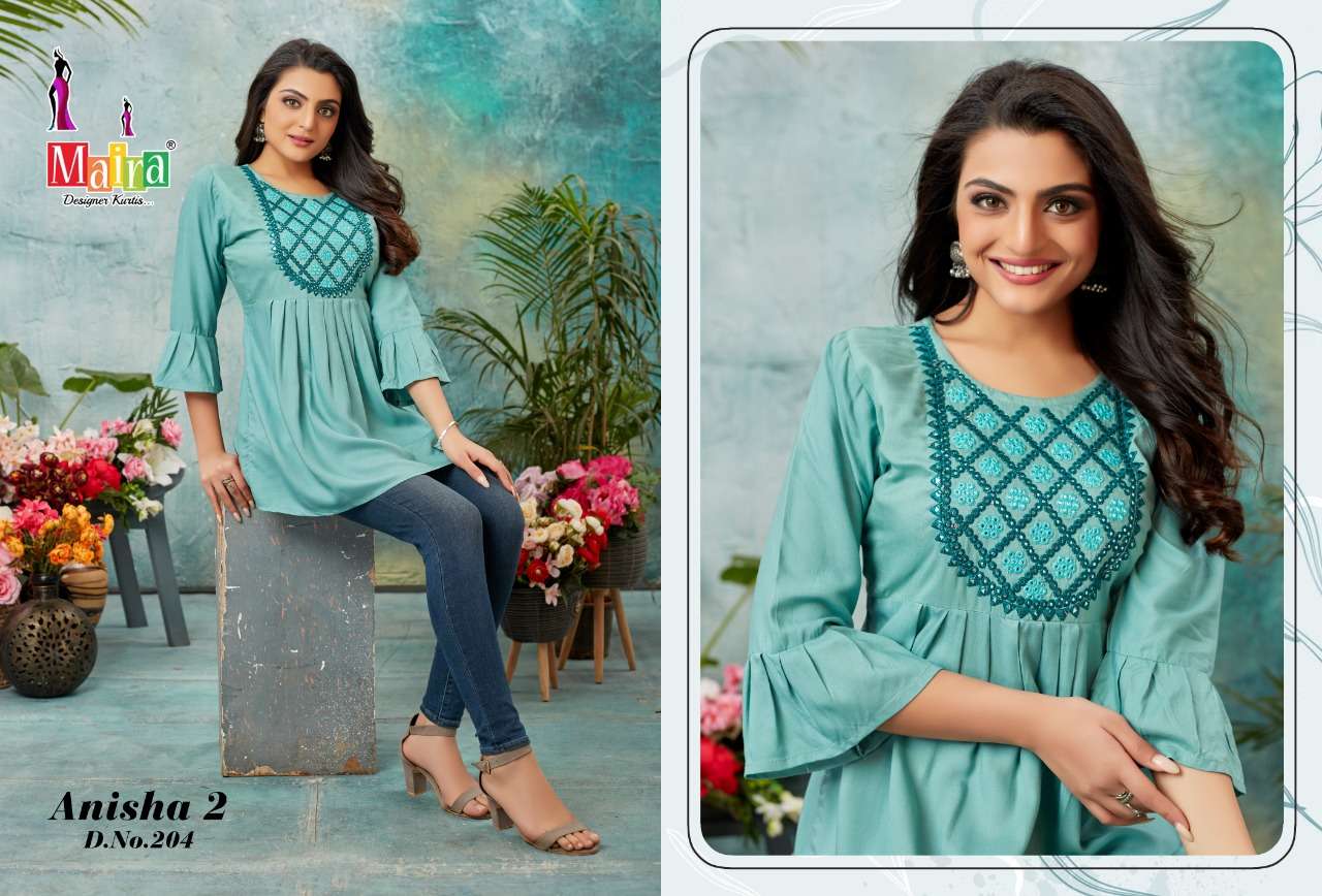 ANISHA VOL-2 BY MAIRA 201 TO 208 SERIES BEAUTIFUL STYLISH FANCY COLORFUL CASUAL WEAR & ETHNIC WEAR RAYON TOPS AT WHOLESALE PRICE