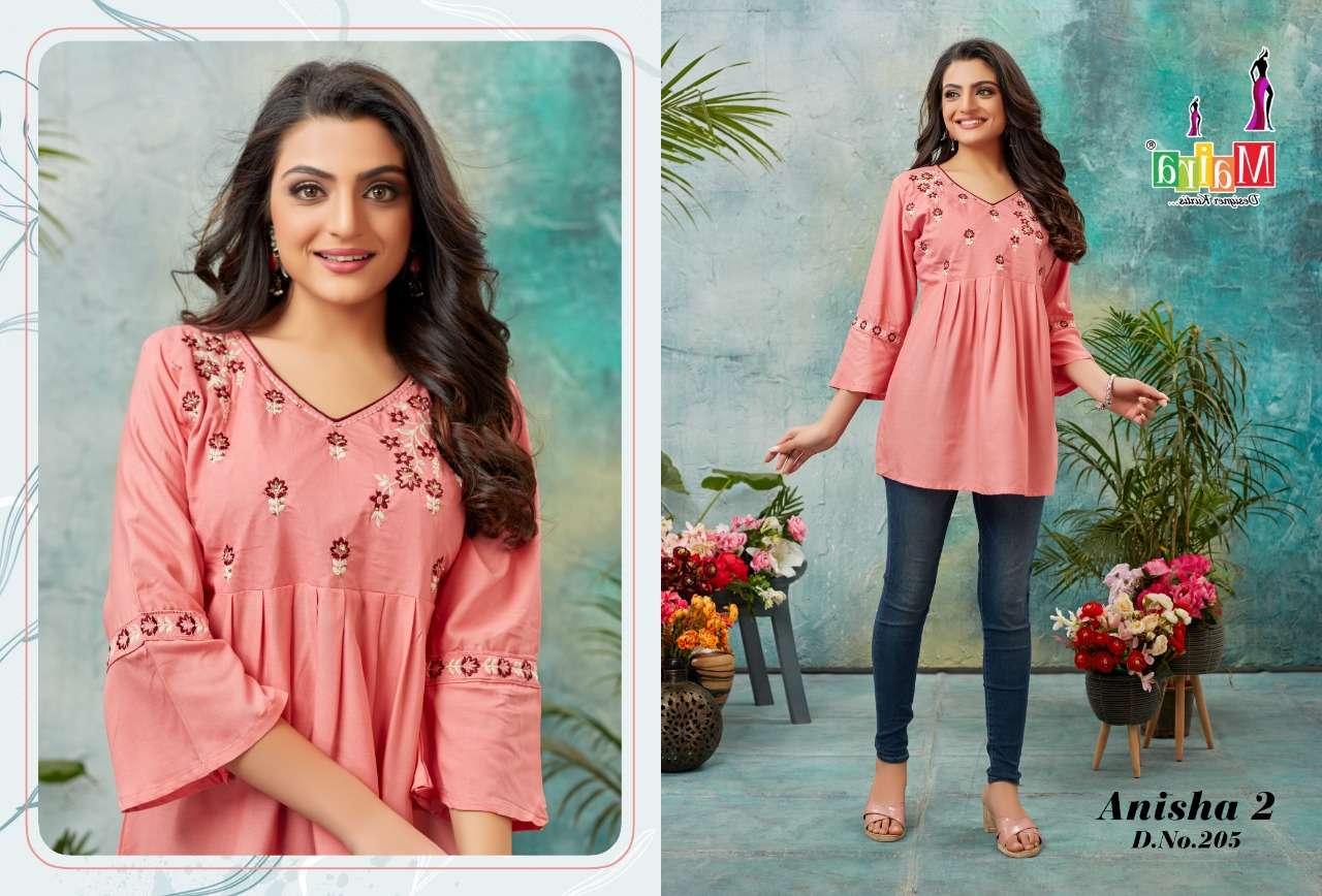 ANISHA VOL-2 BY MAIRA 201 TO 208 SERIES BEAUTIFUL STYLISH FANCY COLORFUL CASUAL WEAR & ETHNIC WEAR RAYON TOPS AT WHOLESALE PRICE