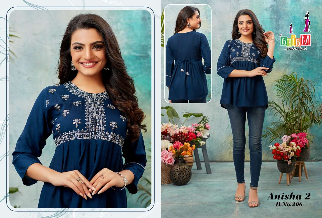 ANISHA VOL-2 BY MAIRA 201 TO 208 SERIES BEAUTIFUL STYLISH FANCY COLORFUL CASUAL WEAR & ETHNIC WEAR RAYON TOPS AT WHOLESALE PRICE