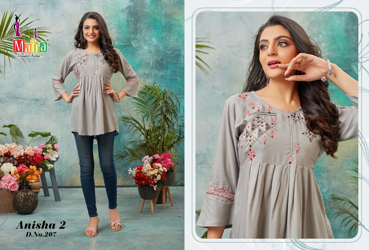ANISHA VOL-2 BY MAIRA 201 TO 208 SERIES BEAUTIFUL STYLISH FANCY COLORFUL CASUAL WEAR & ETHNIC WEAR RAYON TOPS AT WHOLESALE PRICE