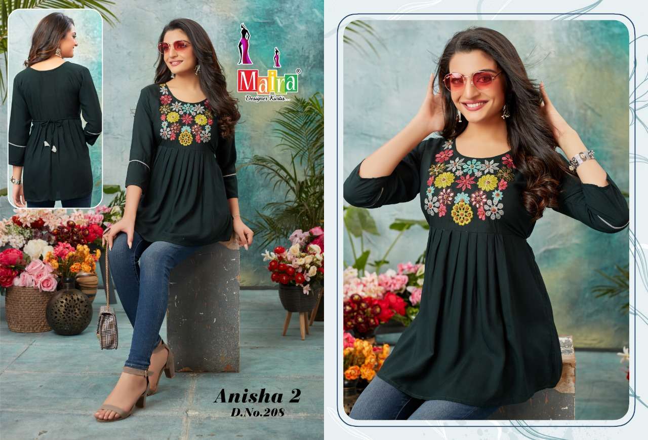 ANISHA VOL-2 BY MAIRA 201 TO 208 SERIES BEAUTIFUL STYLISH FANCY COLORFUL CASUAL WEAR & ETHNIC WEAR RAYON TOPS AT WHOLESALE PRICE