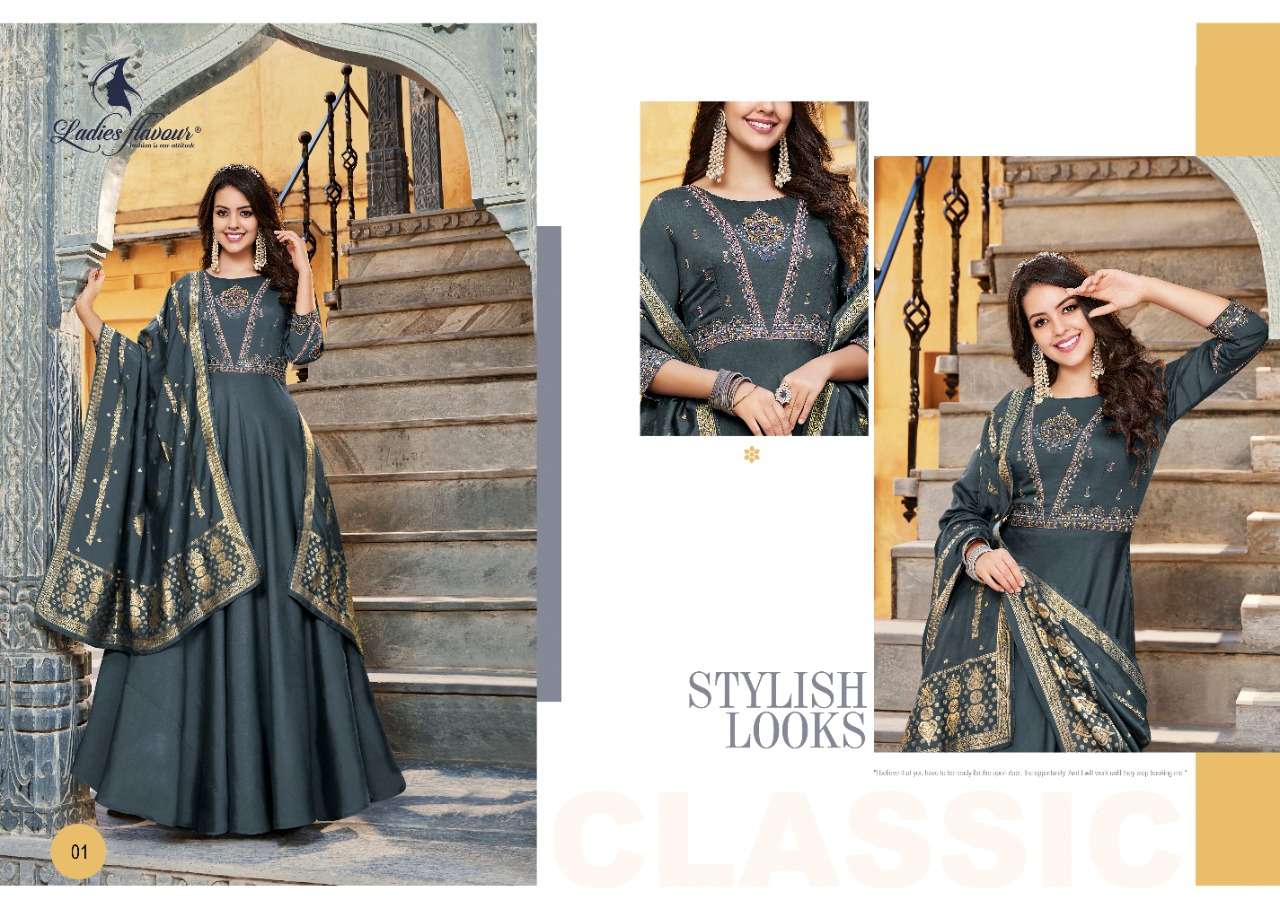 Rangrez By Ladies Flavour 01 To 06 Series Beautiful Stylish Fancy Colorful Casual Wear & Ethnic Wear Pure Silk Gowns With Dupatta At Wholesale Price