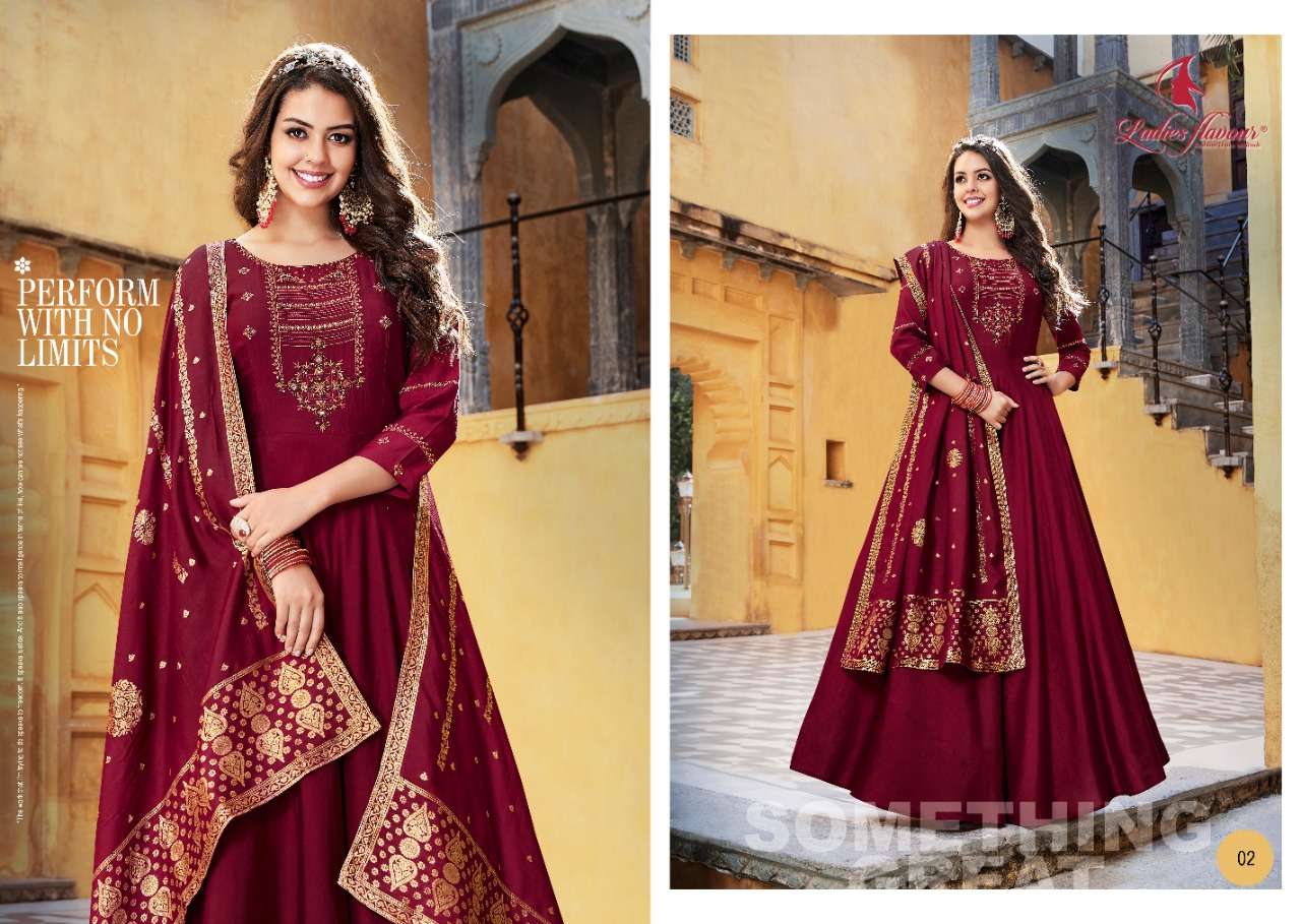 Rangrez By Ladies Flavour 01 To 06 Series Beautiful Stylish Fancy Colorful Casual Wear & Ethnic Wear Pure Silk Gowns With Dupatta At Wholesale Price