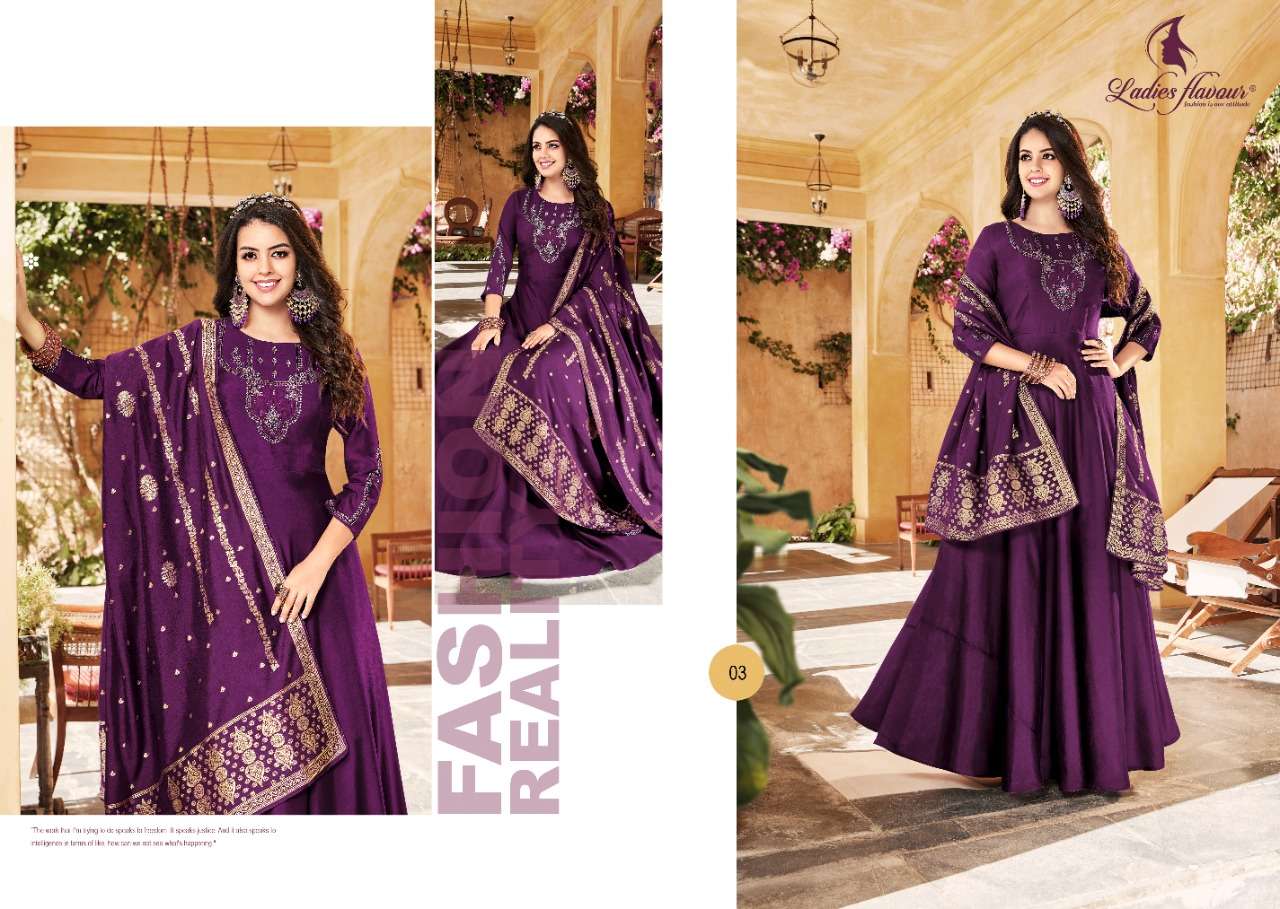 Rangrez By Ladies Flavour 01 To 06 Series Beautiful Stylish Fancy Colorful Casual Wear & Ethnic Wear Pure Silk Gowns With Dupatta At Wholesale Price