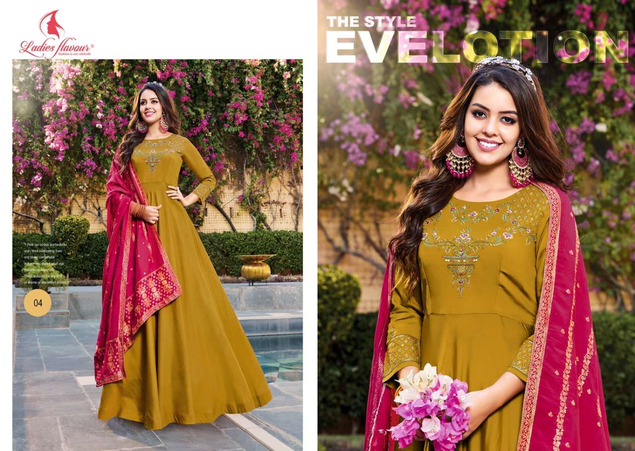 Rangrez By Ladies Flavour 01 To 06 Series Beautiful Stylish Fancy Colorful Casual Wear & Ethnic Wear Pure Silk Gowns With Dupatta At Wholesale Price