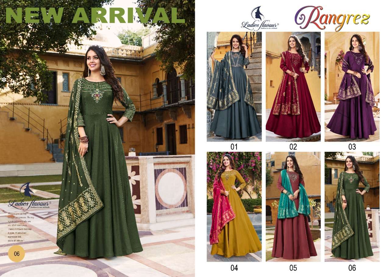 Rangrez By Ladies Flavour 01 To 06 Series Beautiful Stylish Fancy Colorful Casual Wear & Ethnic Wear Pure Silk Gowns With Dupatta At Wholesale Price