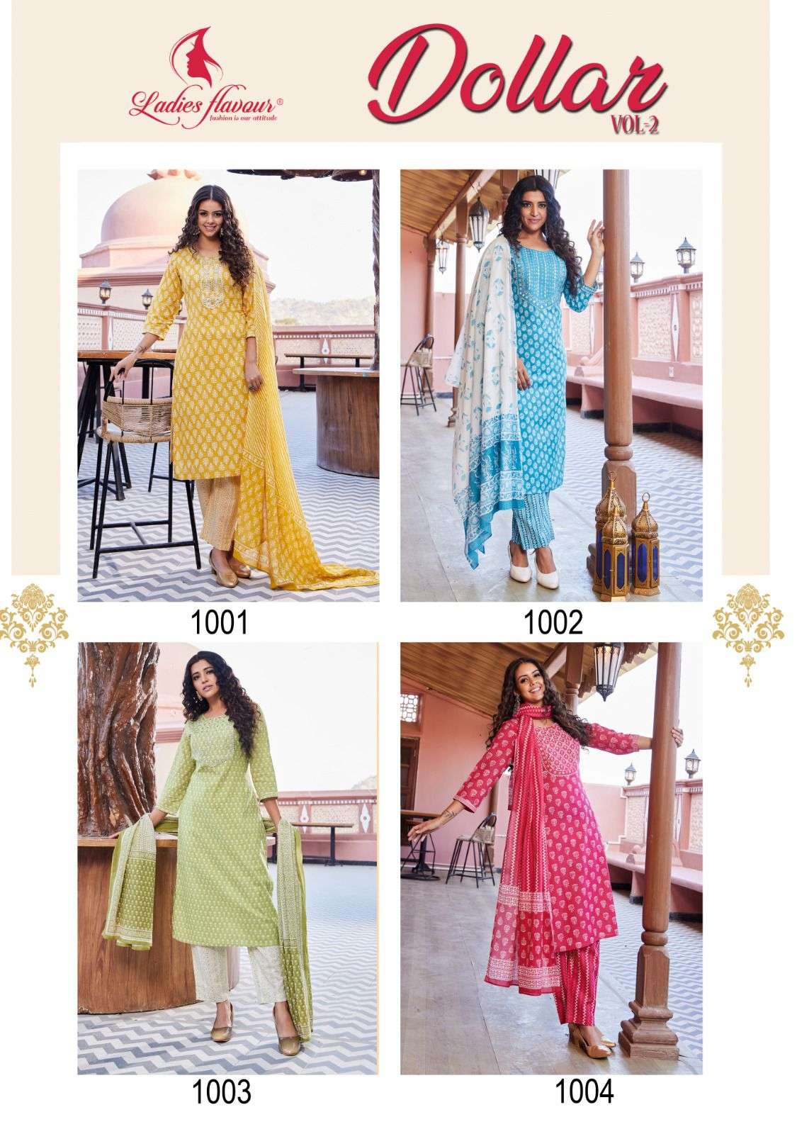 Dollar Vol-2 By Ladies Flavour 1001 To 1004 Series Beautiful Suits Colorful Stylish Fancy Casual Wear & Ethnic Wear Pure Cotton Dresses At Wholesale Price