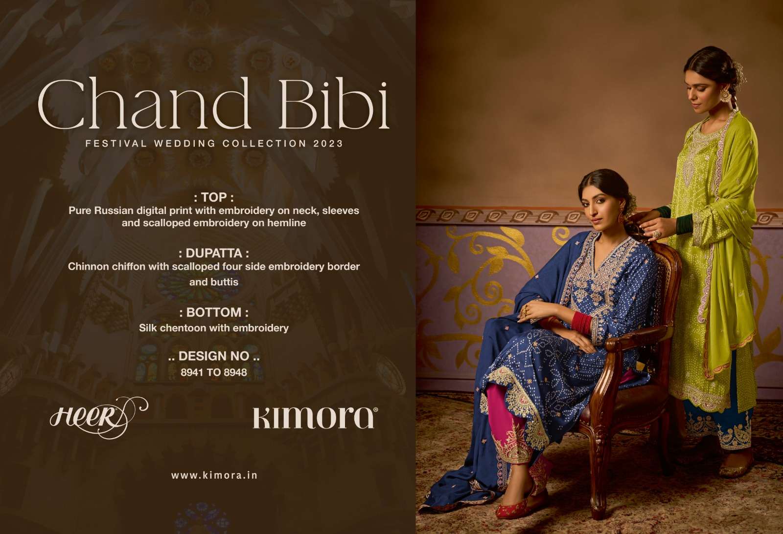 CHAND BIBI BY KIMORA FASHION 8941 TO 8948 SERIES DESIGNER SUITS COLLECTION BEAUTIFUL STYLISH COLORFUL FANCY PARTY WEAR & OCCASIONAL WEAR PURE RUSSIAN DRESSES AT WHOLESALE PRICE
